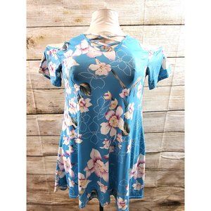 Womens Summer Cold Shoulder Floral Flowy T-Shirt Dress